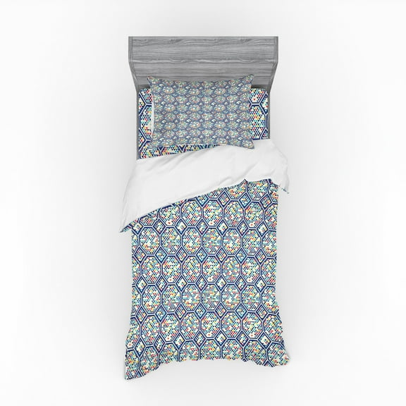 Geometric Duvet Cover Set, Abstract Pattern of Triangles and Hexagons as Continuous Mosaic Tiles Artwork, Bedding Set with Shams and Fitted Sheet, 3 Sizes, by Ambesonne
