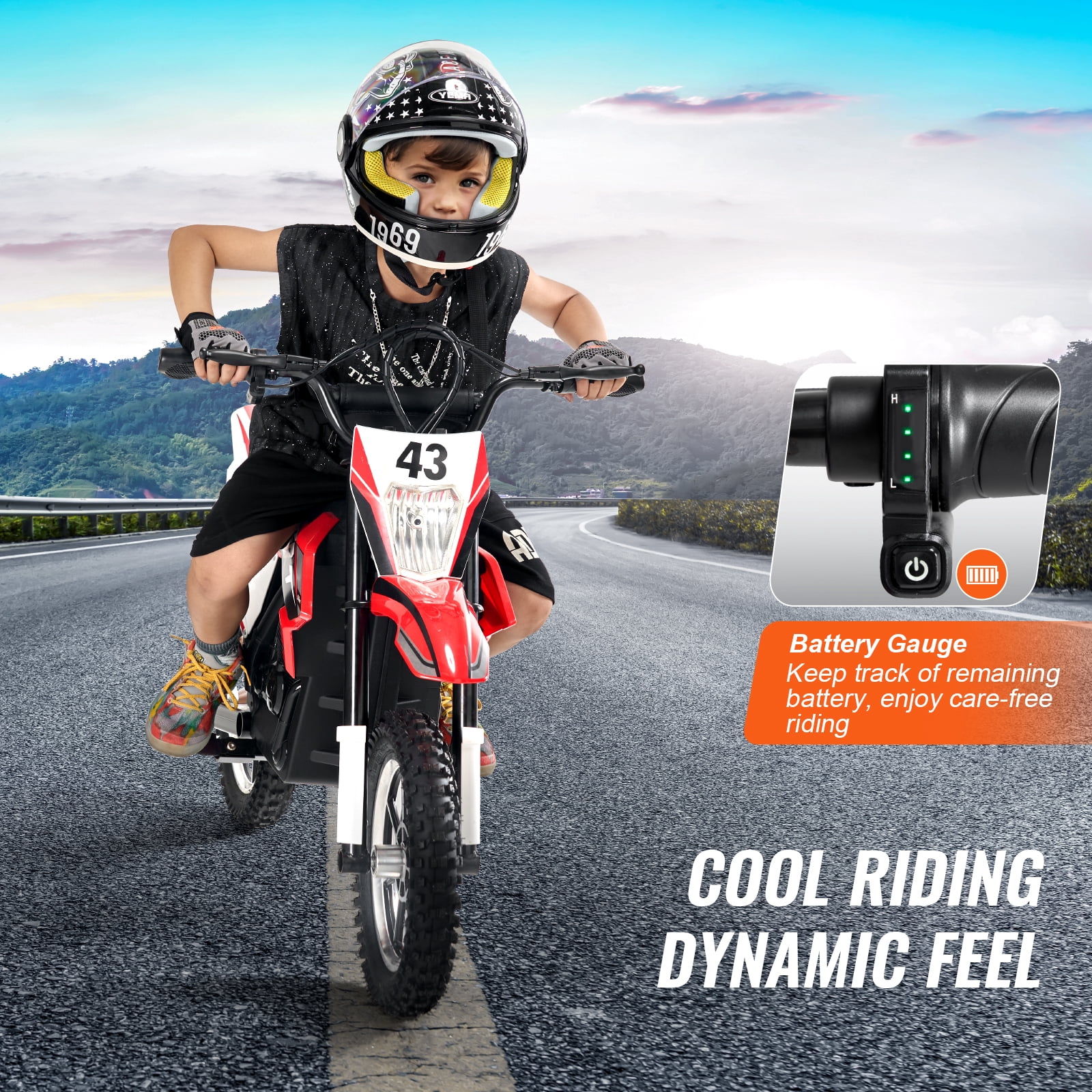 VEVOR Kids Ride On Motorcycle, 36V Battery Powered Electric Motorcycle with Speed Up to 15.5mph, Treaded Tires, LED Light, Battery Gauge,Dual Brakes,Ride on Toys for Children Boys Girls Aged 14+