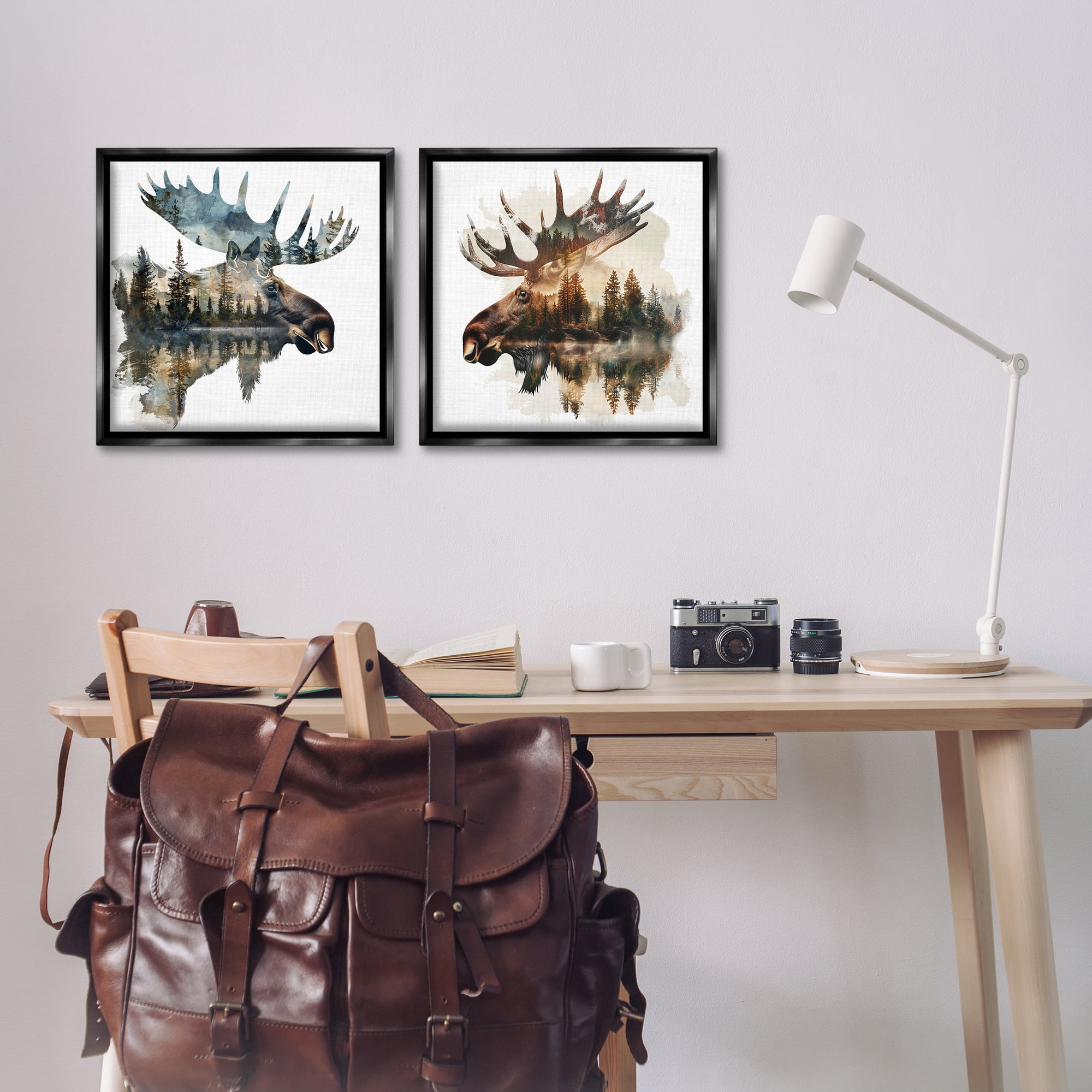 Stupell Industries Woodland Moose Forest Silhouettes Animals Painting Black Floater Framed Canvas Art Print Wall Art, 18 x 18, Set of 2