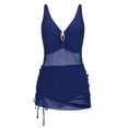thumbnail image 5 of Sleeveless Deep V Neck Ruched Bodycon Mini Dress with Mesh Panel and Adjustable Drawstring Hem for Women Juniors Royal Blue L, 5 of 9