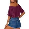 thumbnail image 2 of Crop Tops for Women Boat Neck Elbow-Length Cropped T-Shirt Solid Color Oversized Tee Shirts, Wine L, 2 of 6