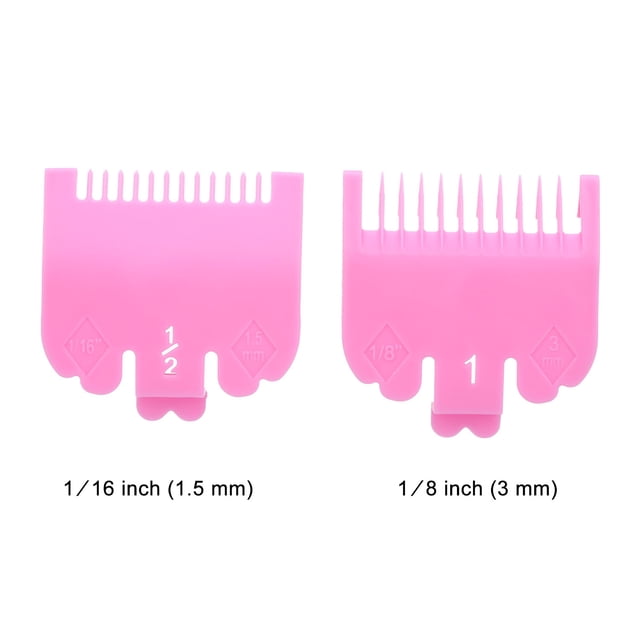 Juego de peines guía para cortar cabello de 1.5mm y 3mm, compatibles con máquinas WAHL, en color rosa, duraderos y fáciles de usar.