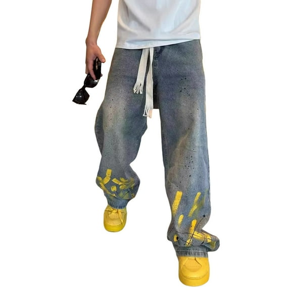 Jeans Men Men's Distressed Straight Leg Jeans with Hand Painted Ink Print Vintage Wash Denim Pants Jeans Homme Slim Blue XL