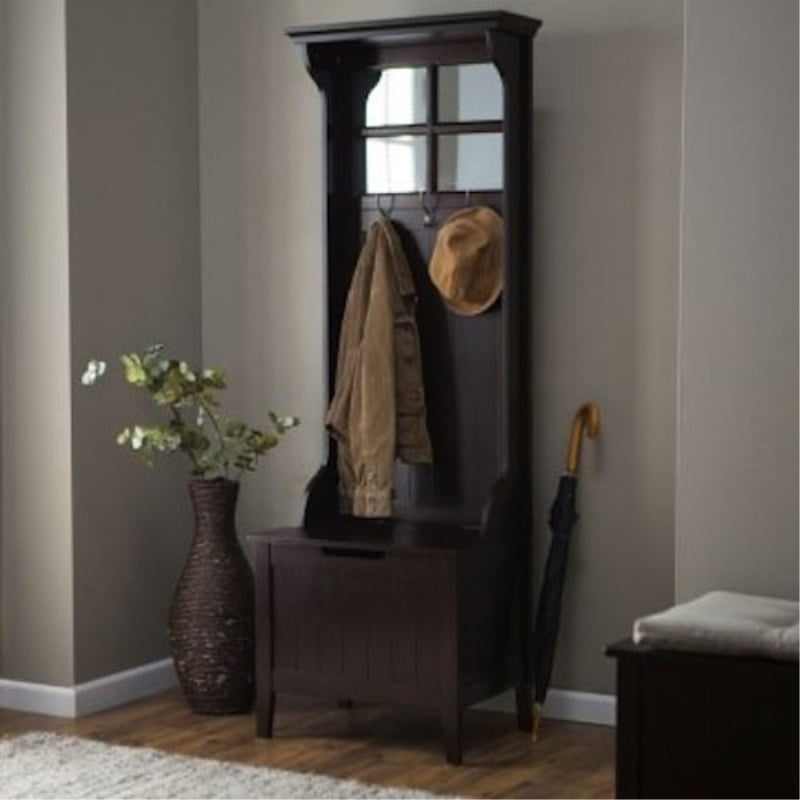 Espresso Entryway Mini Hall Tree with Mirror Coat Hooks and Storage