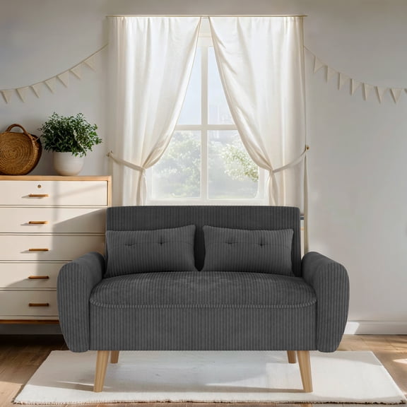 Walsunny 49" Loveseat Sofa Couch, 2-Seat Fabric Upholstered Sofa with 2 Removable Pillows, Modern Loveseat Couch, Wood Leg, Dark Gray