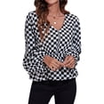 thumbnail image 3 of Xuanfei Women Plaid V Neck Lantern Sleeve Elastic Waist Top, 3 of 7