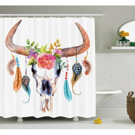 Native Americans Feathers - Feather Shower Curtain, Native American Symbol in Watercolor Style Bull Skull with Ornaments Vibrant Image, Fabric Bathroom Set with Hooks, Multicolor, by Ambesonne