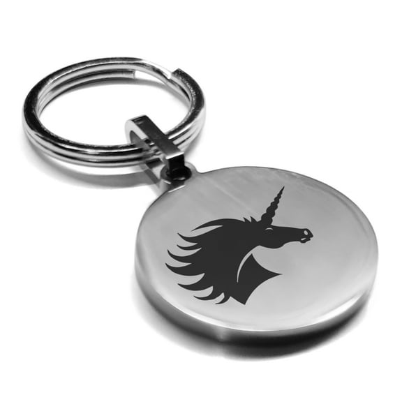 Stainless Steel Mythical Unicorn Head Round Medallion Keychain Circle Ring