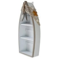 16.5"H Wooden Boat Display with 3 Shelves Fish Net Star Fish, White Wood Boat Stand Beach Nautical Theme Decor Boat-a