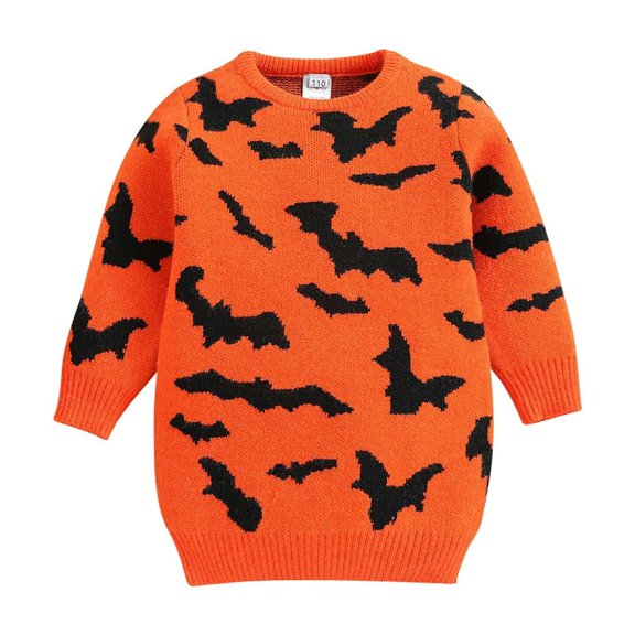 Otqutp Warm Sweater for Little Girls Halloween Toddler Girl Sweater Dress Long Sleeve Bat Print Oversized Crewneck Sweatshirt Dress Short Fall Outfits(A,5-6 Years)