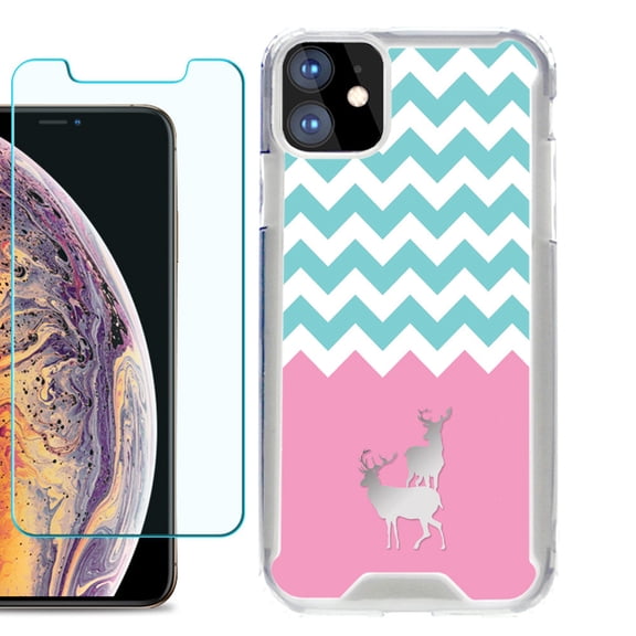 For Apple iPhone 11 Case, Hybrid Bumper Phone Case, with Tempered Glass Screen Protector, by OneToughShield ® - Chevron/Teal/Deer