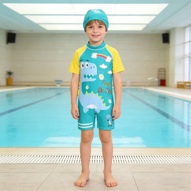 Boys Swimwear Long Sleeve with Hood for Kids Sun Rash Guard Streamlined Comfort and Adorable Dino Design