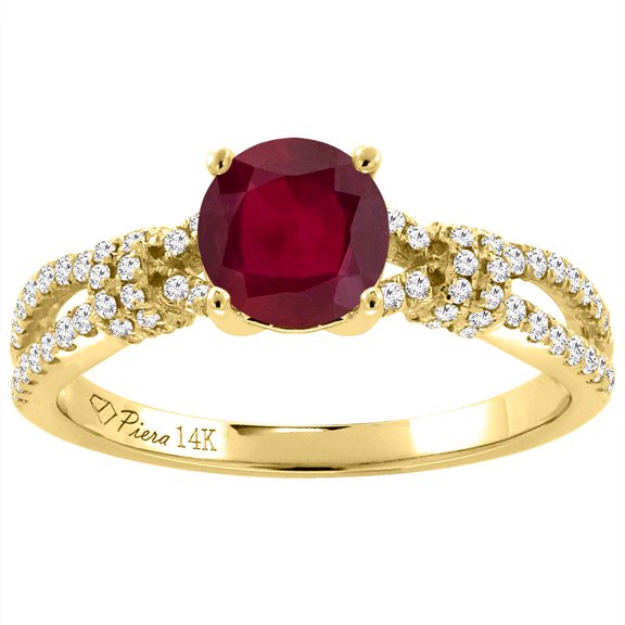 14K Yellow Gold Diamond Enhanced Genuine Ruby Engagement Ring Round 7 mm, size 7