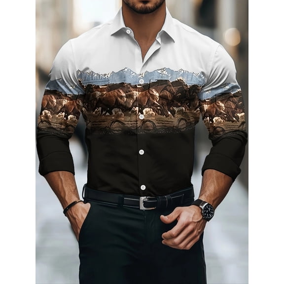 Men's Shirts Long Sleeve Casual Vintage Floral Embroidery Button Down Western Shirts Regular Fit Black L