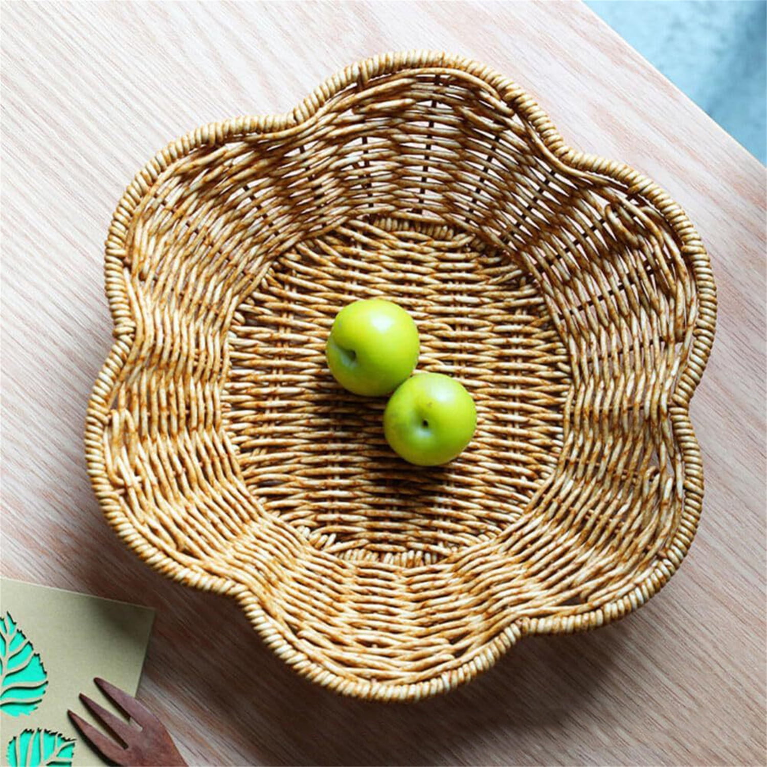 Rattan Round Woven Basket,Happon Round Serving Bowl,Decorative Basket Serving Basket for Kitchen Countertop Organizing