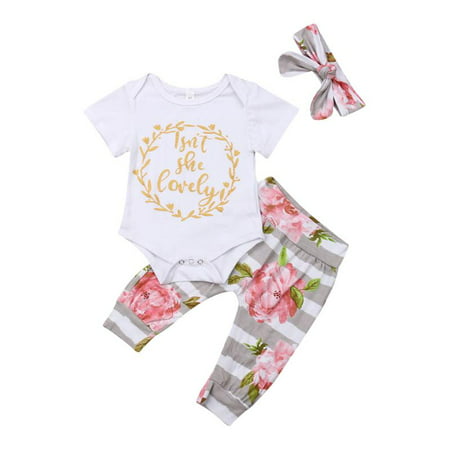 Newborn Baby Girls Floral Coming Home Outfit Isn't She Lovely Bodysuit Pants Headband Clothes Set