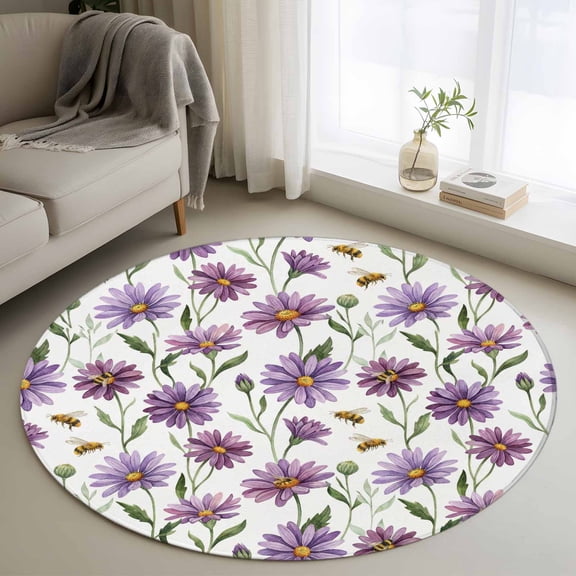 Purple Spring Floral Round Area Rug 3Ft Washable Small Circle Rugs for Kitchen Entryway, Summer Botanical Bee Floral Daisy Non-Slip Carpet Floor Mats Indoor Outdoor Carpet Runner Aesthetic Home Decor
