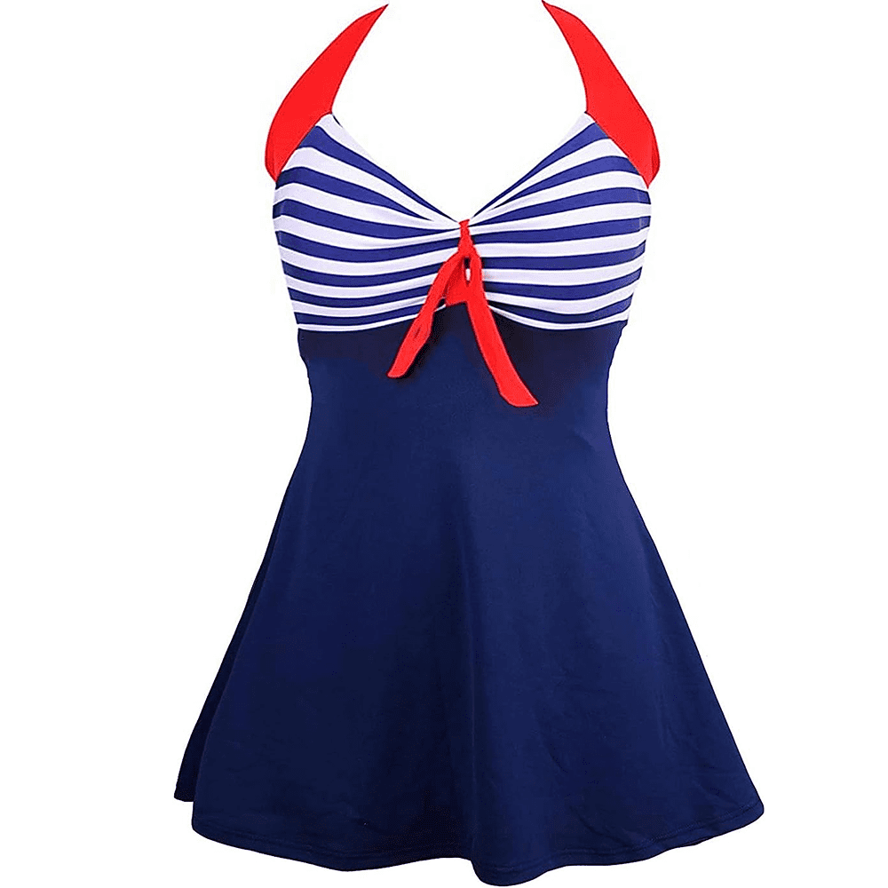 MVPCLO Women One Piece Swim Dress Sailor Blue Tummy Control Swimdress
