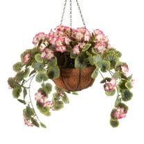 OakRidge Miles Kimball Fully Assembled Artificial Geranium Hanging Basket, 10” Diameter and 18” Chain – Raspberry Polyester/Plastic Flowers in Metal and Coco Fiber Liner Basket for Indoor/Outdoor Use