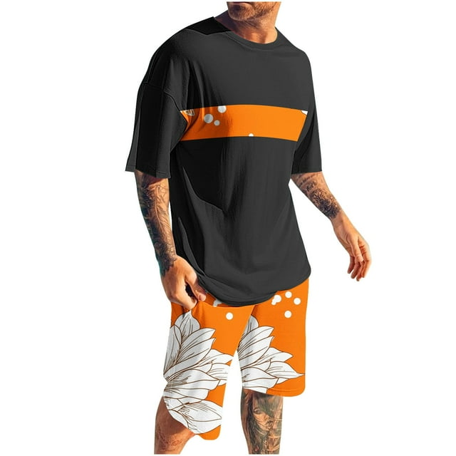 Ensemble Blouse à Manches Courtes à Col Rond à Imprimé Hawaïen et Shorts à Taille Élastique pour Hommes, Polyester, Tenue d'Été Décontractée, pour l'Extérieur et le Quotidien