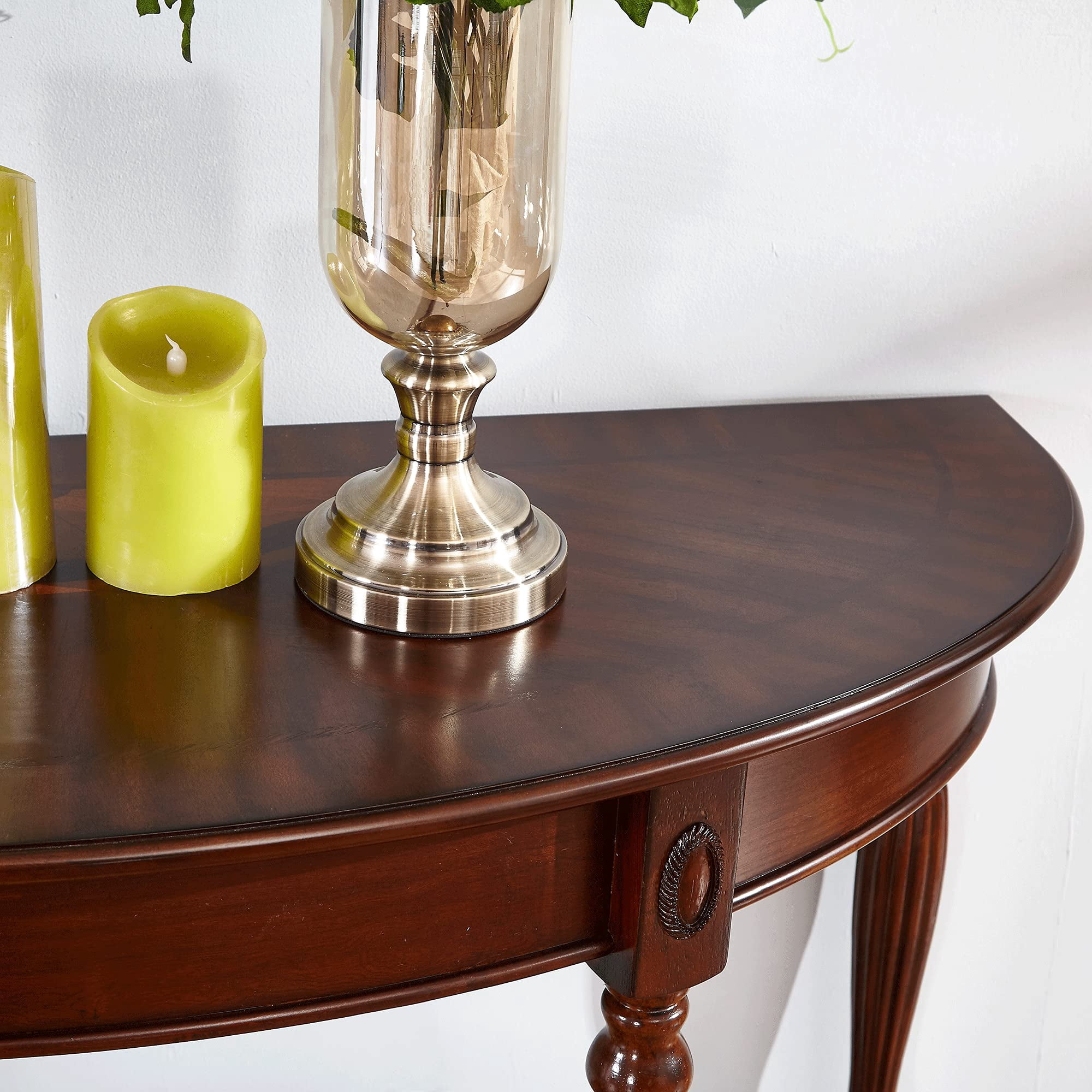 JESONVID Solid Wood Oval Console Table with Storage Shelf, Traditional Vintage Semi-Circle Entryway Table Polished Edging Half-Moon Narrow Table for Living Room Hallway, Cherry Walnut without Drawer