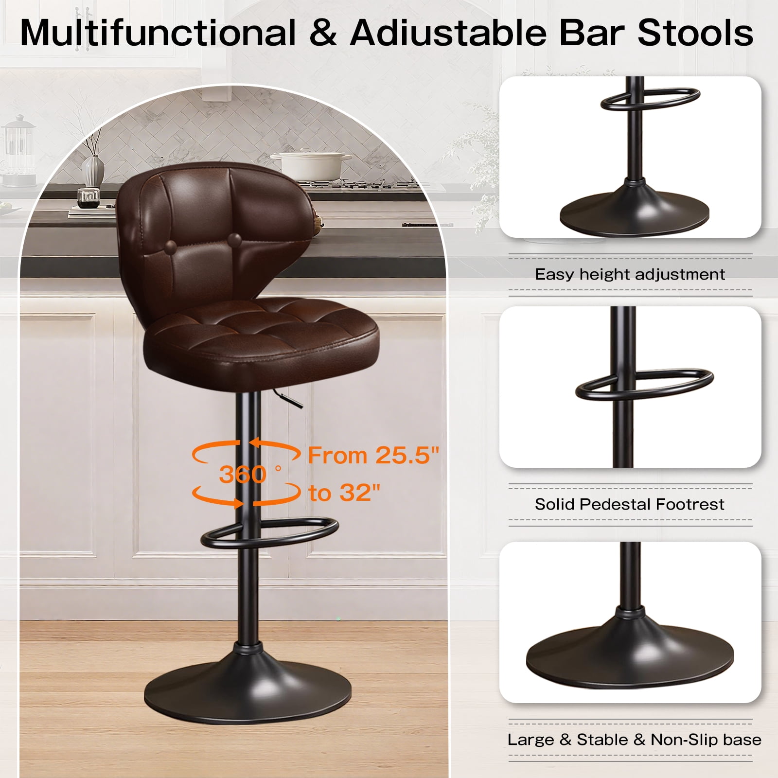 Bar Stools Set of 2, Adjustable Swivel Bar Chairs with 360° Rotation, Padded Counter Stools with Back and Footrest for Kitchen Island, Bistro, Cafe, and Home Use