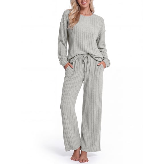 DAKIMOE Lounge Sets for Women Pajamas Long Sleeve Sleepwear Soft Nightwear 2 Piece Pjs Ribbed Knit Fall Winter Outfits Pockets, Apricot, L