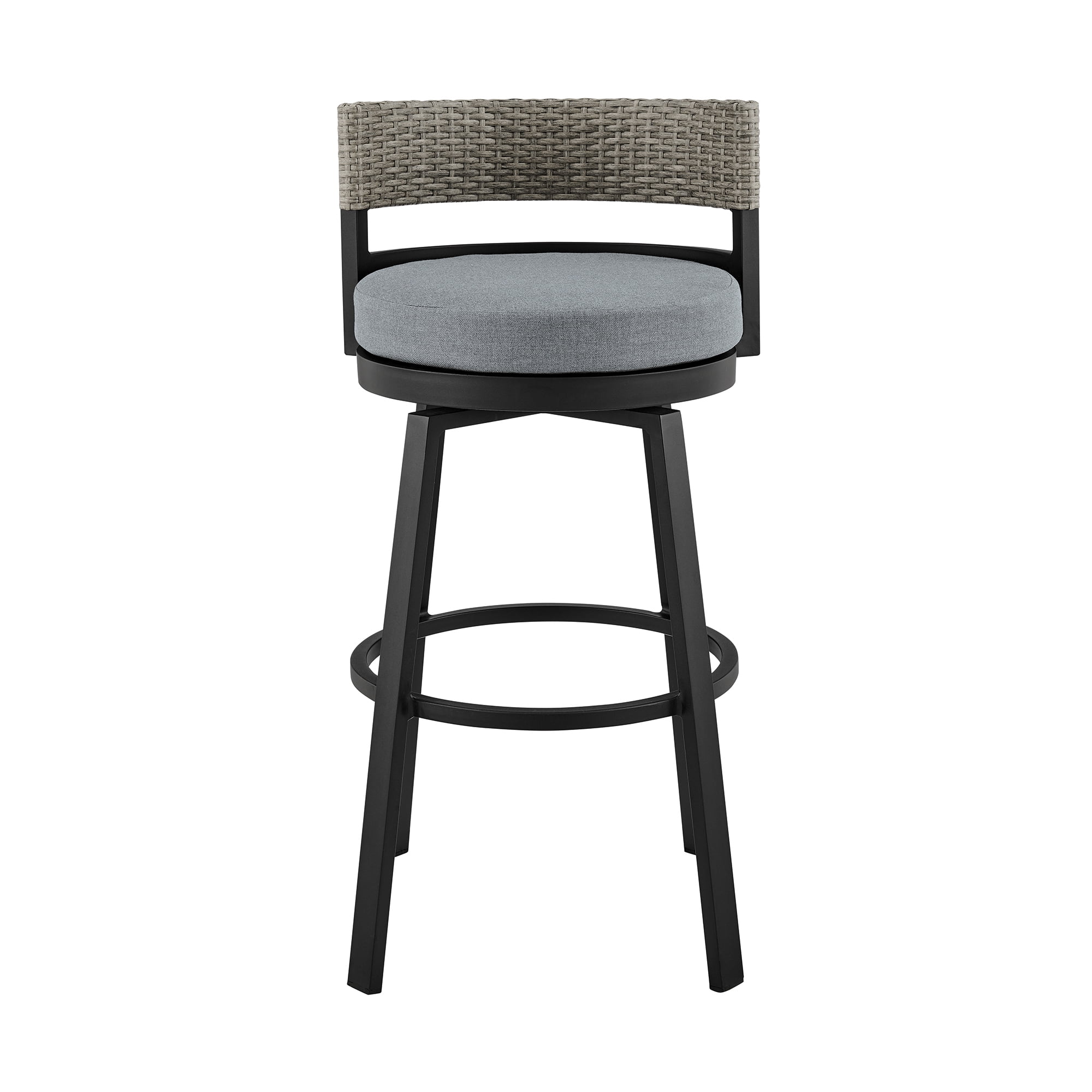 Encinitas Outdoor Patio Swivel Bar Stool in Aluminum and Wicker with Gray Cushions - Set of 2