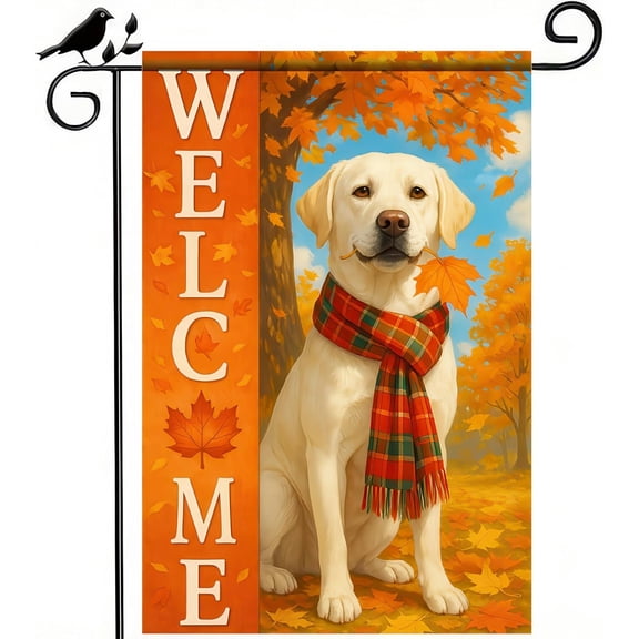Thanksgiving Fall Garden Flag 12x18 Inch Welcome Labrador Retriever Dog Outdoor Flag Double Sided Autumn Yard Banner with Plaid Scarf and Leaves Decor for Porch L