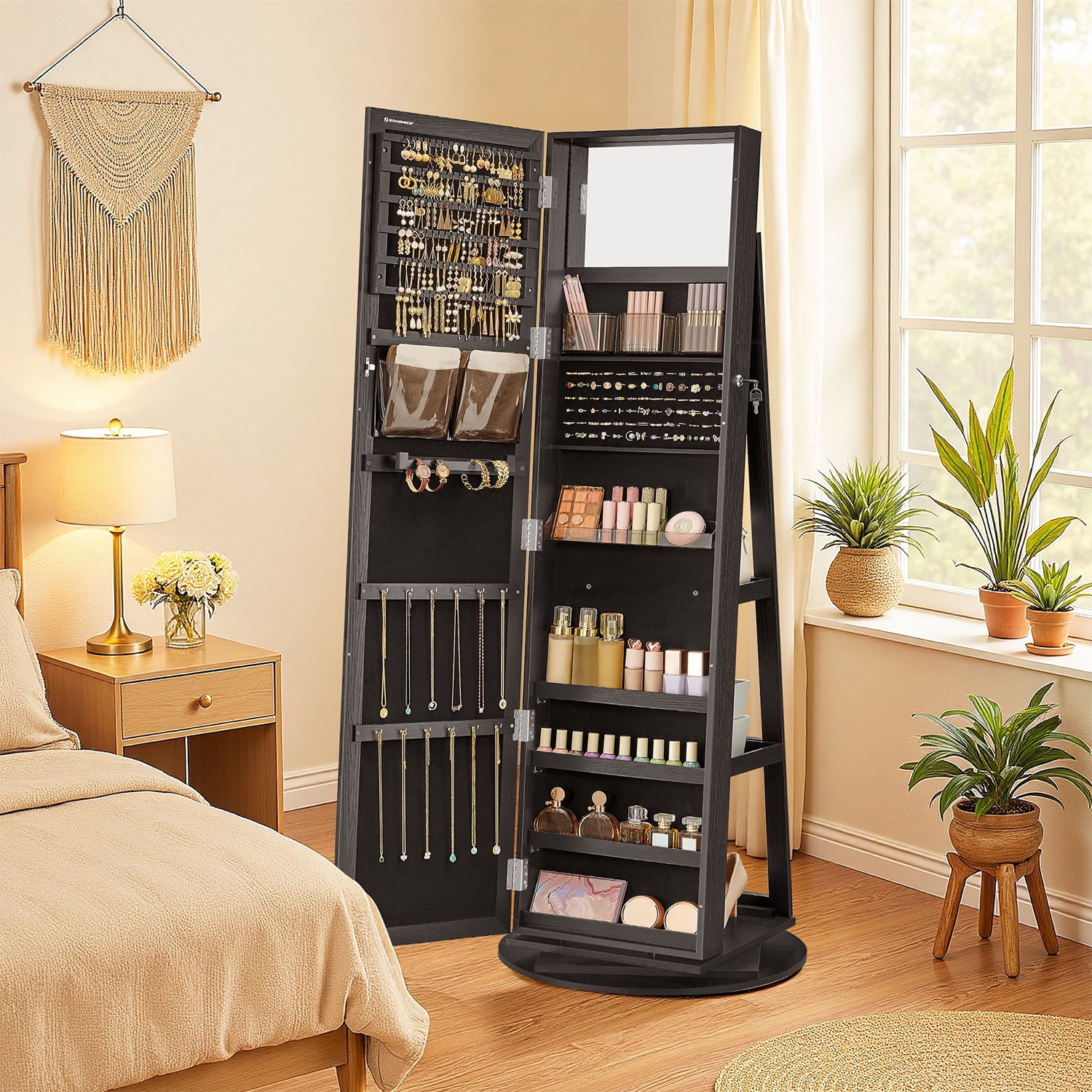 360° Swivel Jewelry Armoire with Lock, Full-Length Mirror & Rear Shelves – 120 Earring Slots, 12 Necklace Hooks, 78 Ring Holders, Velvet-Lined, Black