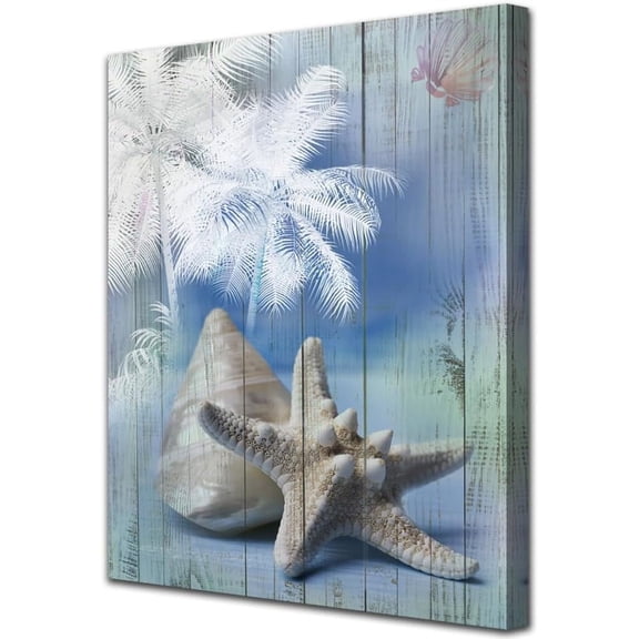 Bathroom Blue Ocean Picture Palm Tree Coastal Conch Seashell Painting Starfish Canvas Wall Art Summer Modern Artwork Framed for Nursery Bedroom Living Room Home Office Decor 12"x16"