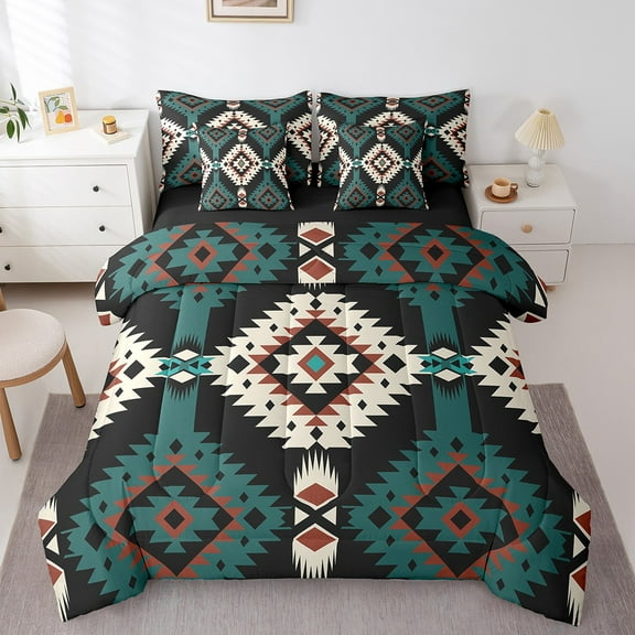 Erosebridal Green Aztec Bedding Sets Twin Size, Triangle Abstract Comforter Sets with Sheets, Retro Hippie Boho Decor, Reversible