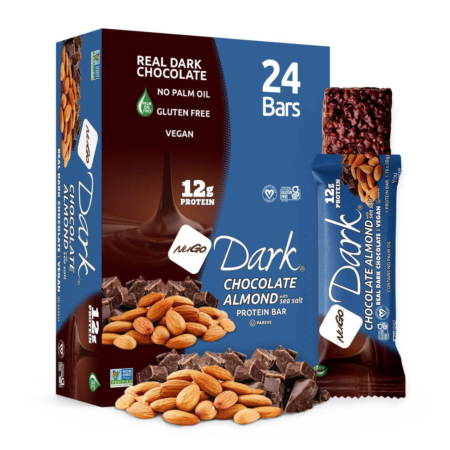 NuGo Dark Chocolate Almond with Sea Salt, 12g Protein, Vegan, Gluten Free, Kosher Pareve, 24 Count