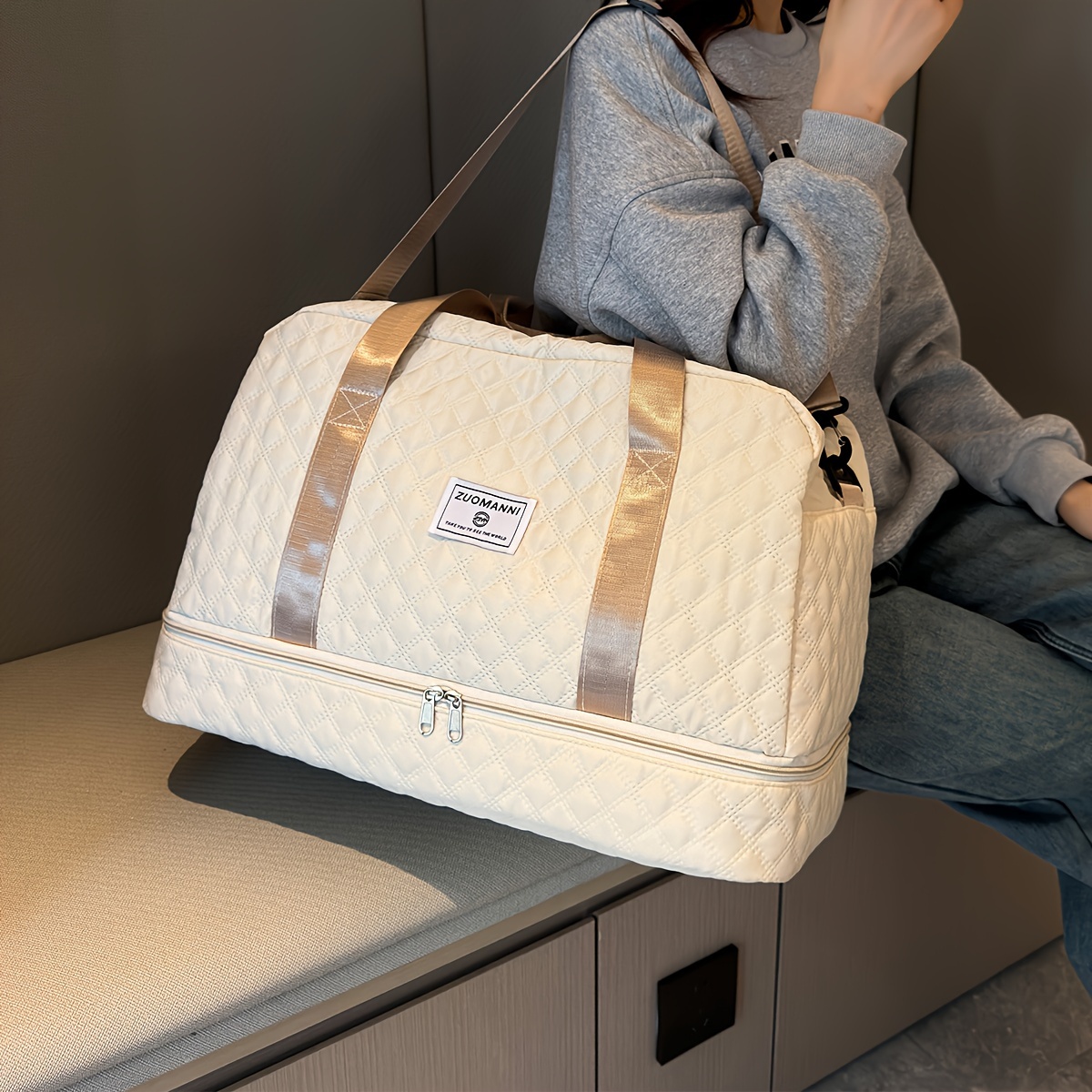 Travel Duffel Bag, Model for Women, with Wet Pocket, 1-Pack, Medium Size - Grid-beige for Overnight, Gym, Hospital Use