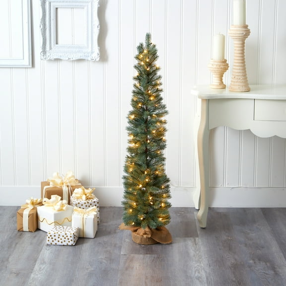 Nearly Natural 4' Prelit Green Pine Artificial Christmas Tree in Burlap Base, Green