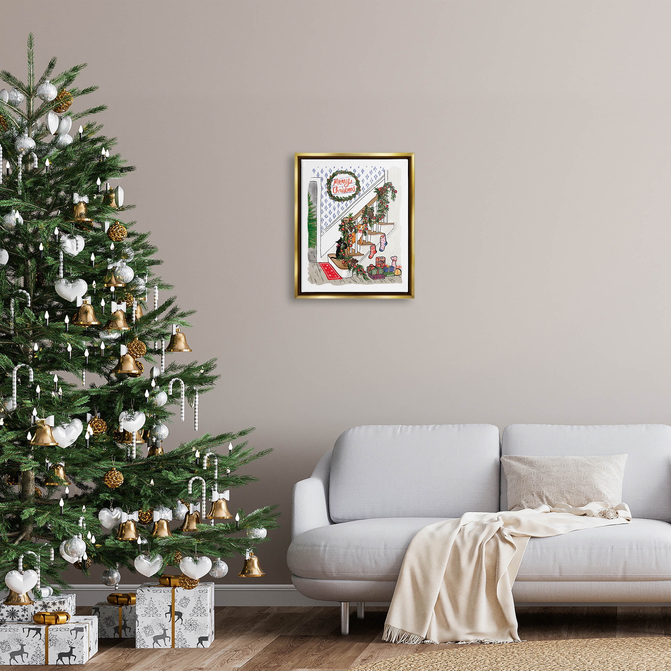 Merry Christmas Holiday Stairway Holiday Graphic Art Metallic Gold Framed Art Print Wall Art