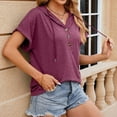 thumbnail image 5 of Wyobmus Women's Casual Summer Hoodies Rolled Short Sleeve Drawstring Hooded Tops Buttons Front V Neck Cute Pullover T-Shirts Tops S-2X Burgundy, 5 of 7