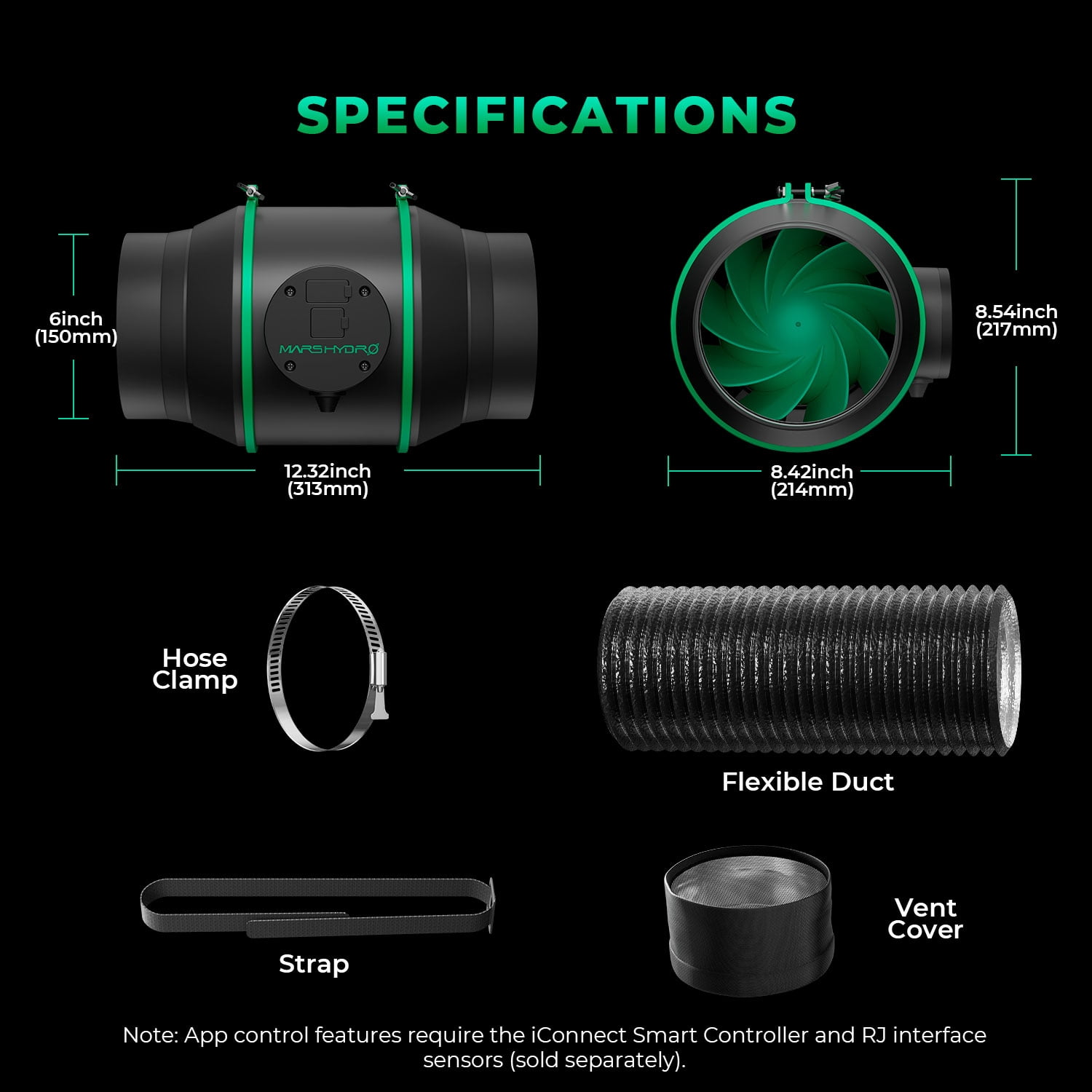 2025 Mars Hydro 6'' Smart Ifresh Inline Fan Ducting Ventilation with Carbon Filter for Grow Tent - Indoor Plant
