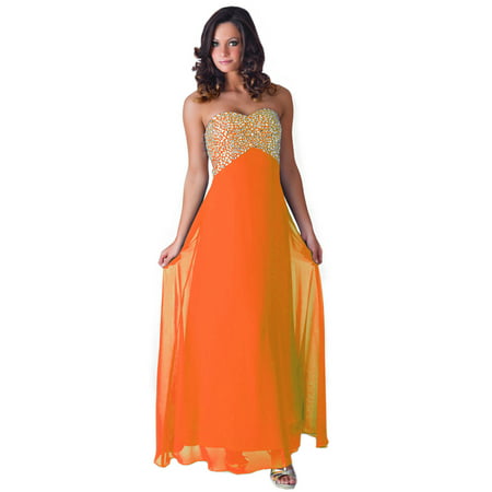 Faship Womens Crystal Beaded Full Length Evening Gown Formal Dress Orange -