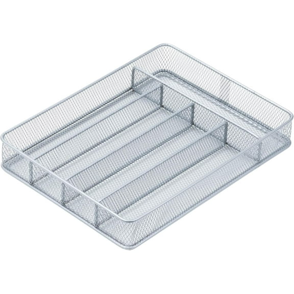 Steel Mesh 5-Compartment Cutlery Utensil Organizer, Silver