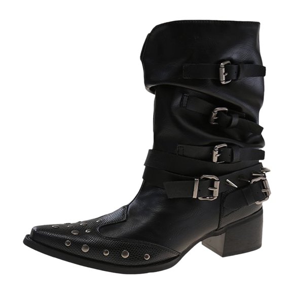 Womens Studded Wide Mid Calf Cowboy Boots Punk Slouch Buckle Pointed Toe Leather Western Cowgirl Short Booties Black