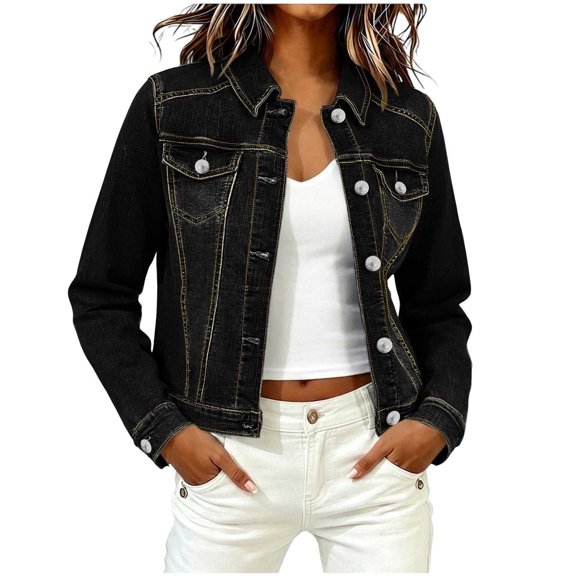 ClodeEU Women's Classic Lapel Button Down Cropped Denim Jacket,Long Sleeve Casual Jean Coat Black,Women's Plus L