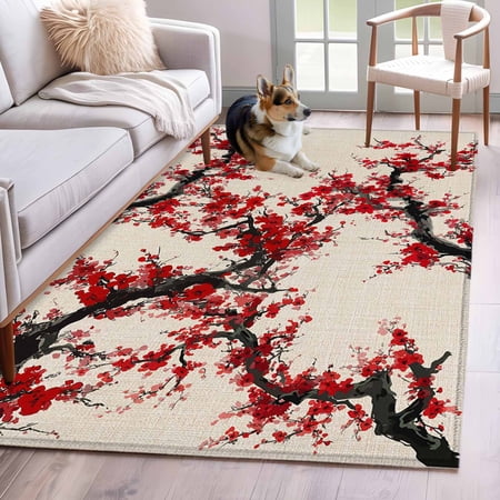 Area Rugs for Living Room Bedroom Red Flowers 4 x6 Rug Washable Carpet Runner Indoor Outdoor Chinese Plum Blossoms Traditional Ink Painting Non Slip Accent Floor Mats Rug for Kitchen Office