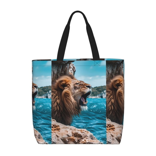 Fotbe Ice Blue Coastal Lion Bolsa Tote con Estampado para Mujer, Bolsos con Cremallera, Bolsa de Hombro Casual de Gran Capacidad con Bolsillos Internos