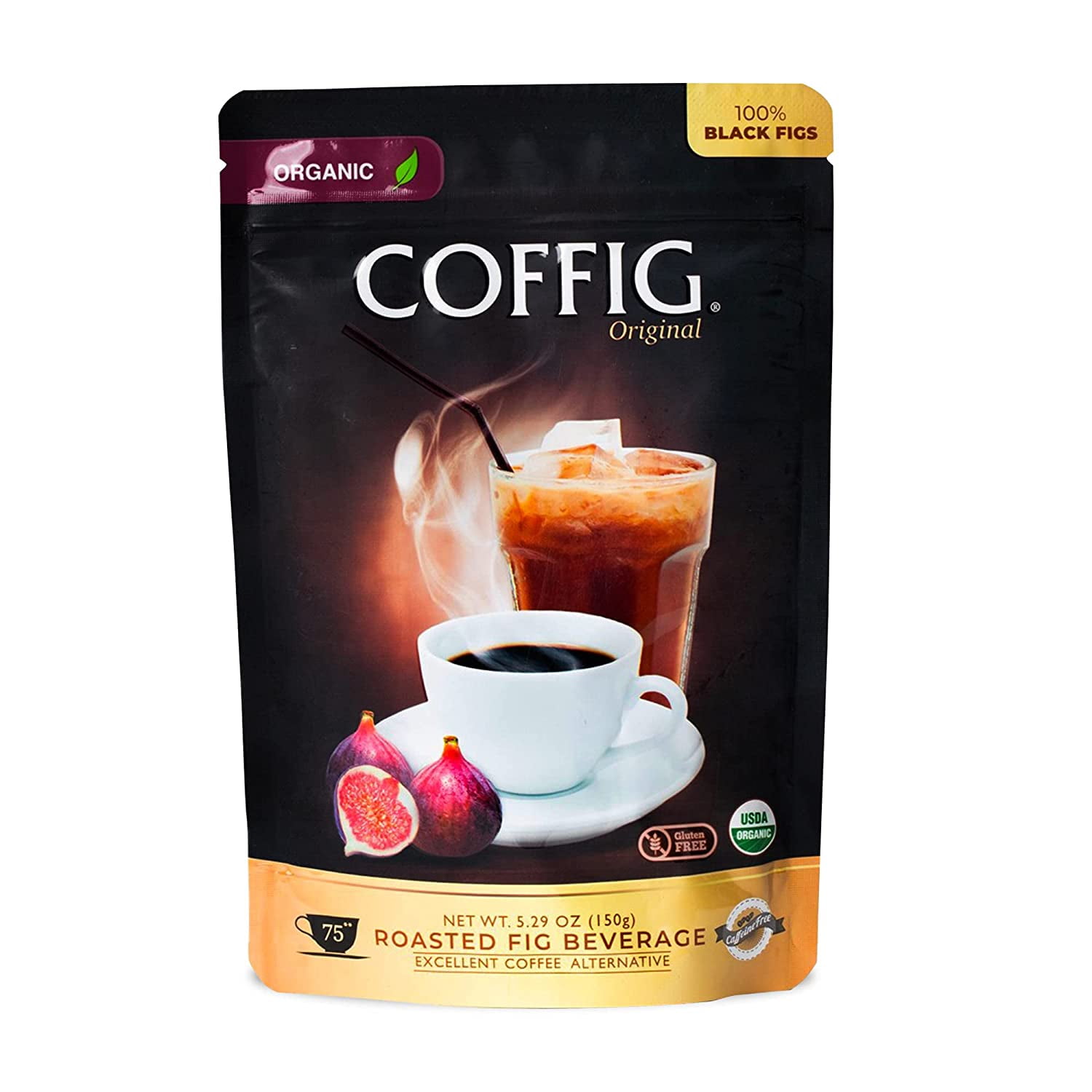 Coffig Original Organic Coffee Substitute, Roasted Fig Beverage, Caffeine-Free Herbal Energy Drinks, 5.29oz (150g)