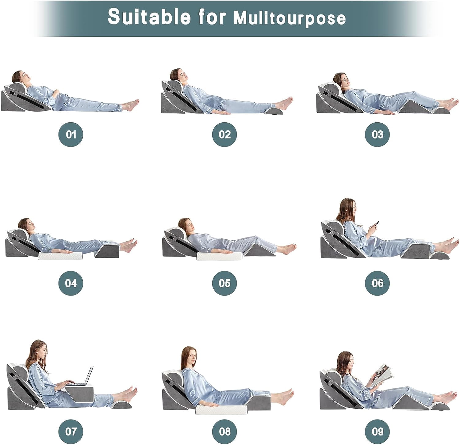 6pcs Orthopedic Bed Wedge Pillow Set for Sleeping, Post Surgery Foam for Body, Back and Leg Pain Relief Comfortable & Adjustable Support Pillows-Anti Snoring, Heartburn
