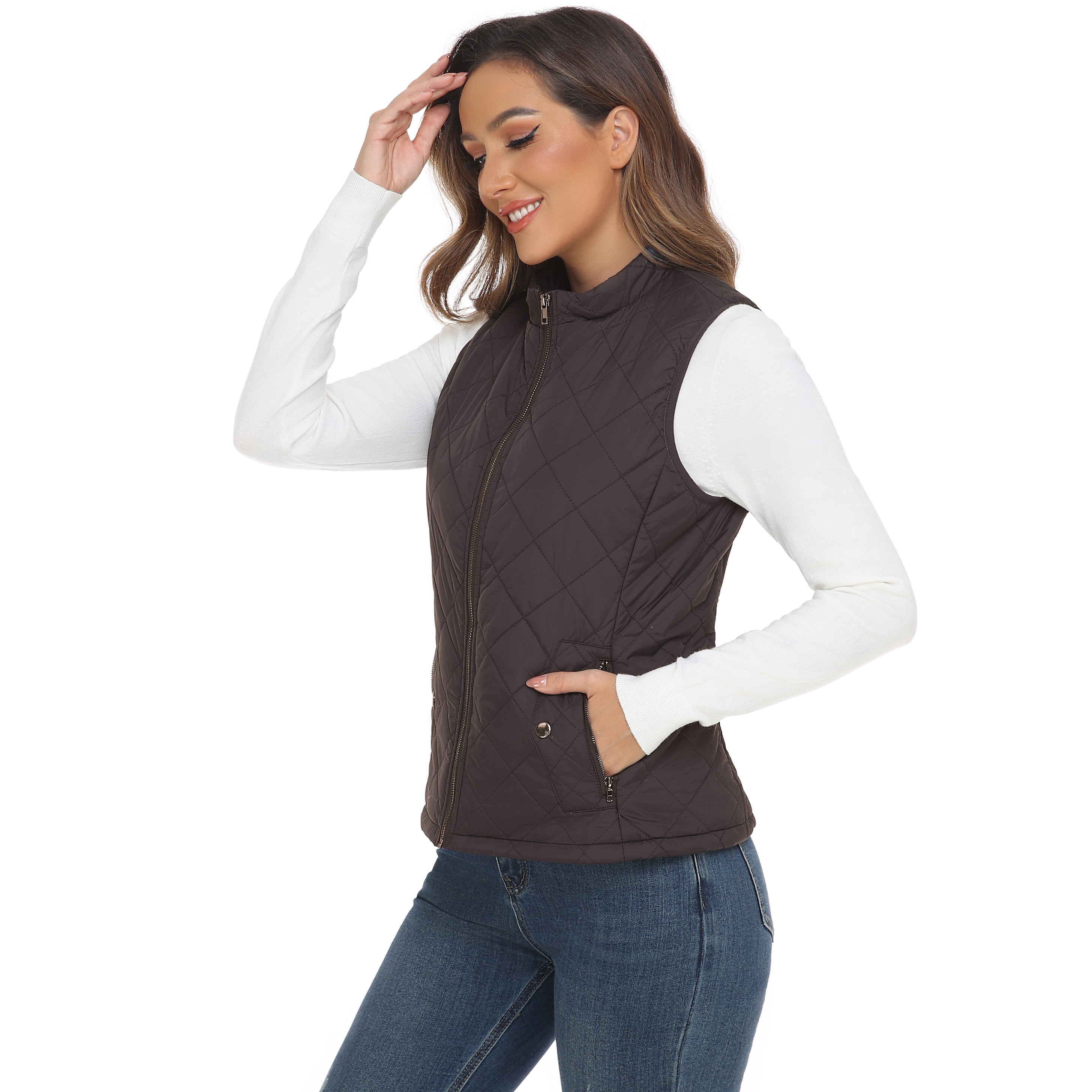 LK women's vest - Stand Collar Lightweight Padded Gilet for Women (Brown-XXL)