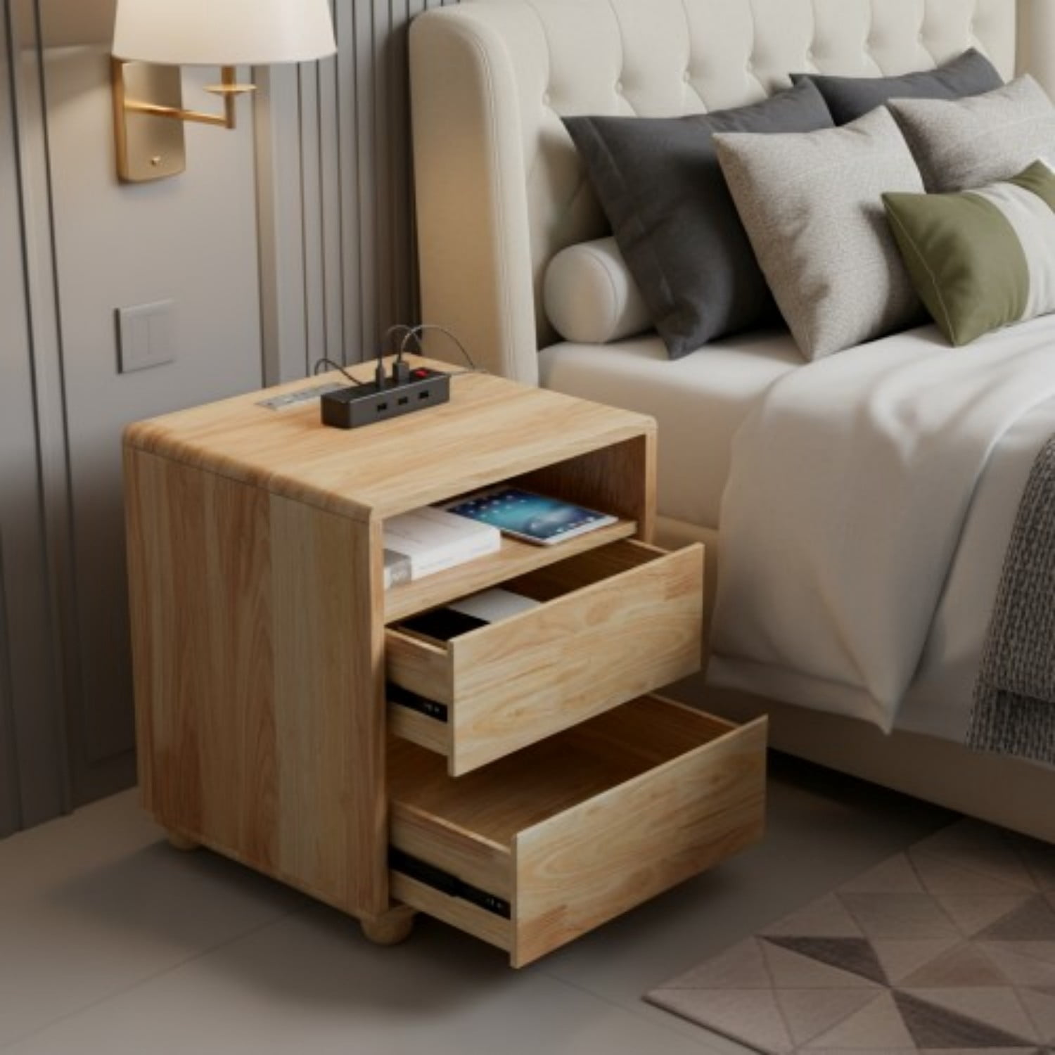 20" Modern Nightstand with Charging Station, 2 Drawers and Open Shelves, Solid Wood Bedside Table with Curved Design, Mid Century Side Table for Bedroom, Living Room, Natural