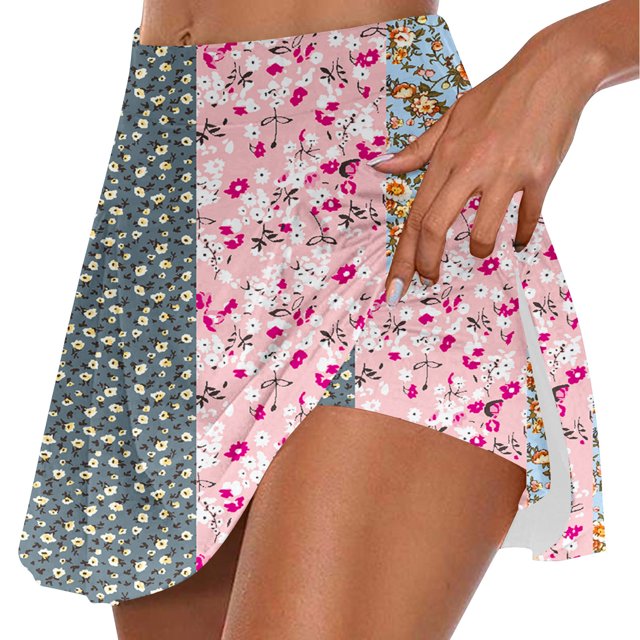 Faldas de Verano para las Mujeres Impresión Hoja Plisado Tenis Atlético Elástico Pantalones Cortos, Falso Dos Piezas Pantalones Falda para Diario