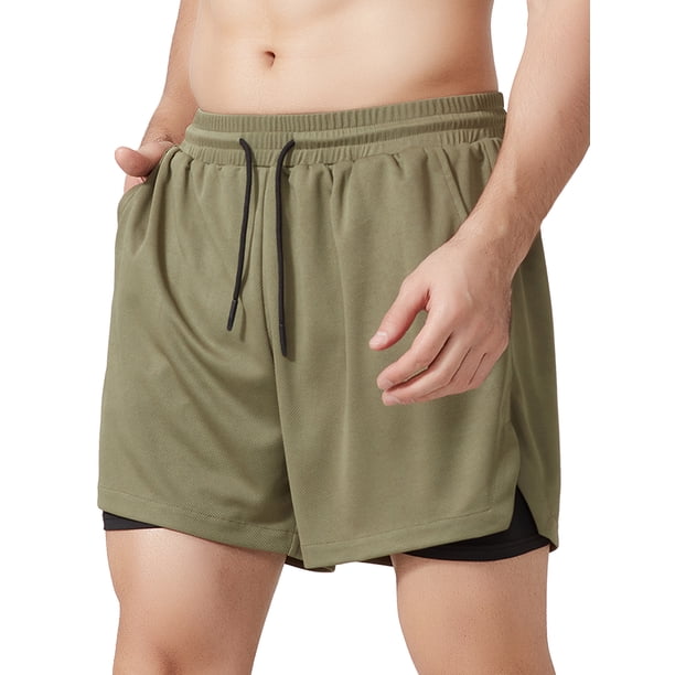Pantalones cortos deportivos para hombre para correr de secado rápido con forro 2 en 1 con bolsillos MABOTO Ejercito verde/S